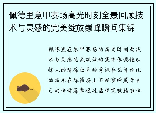 佩德里意甲赛场高光时刻全景回顾技术与灵感的完美绽放巅峰瞬间集锦