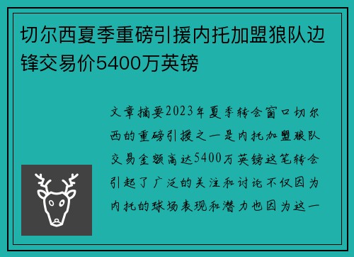 切尔西夏季重磅引援内托加盟狼队边锋交易价5400万英镑 切尔西夏季重磅引援内托加盟狼队边锋交易价5400万英镑